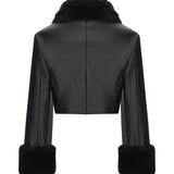 Black Leather Crop Jacket With Fur Finishing And Black Velvet Embroidery