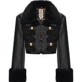 Black Leather Crop Jacket With Fur Finishing And Black Velvet Embroidery