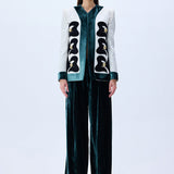 White Shantung Jacket With Black Velvet Emroidery And Gold Buttons