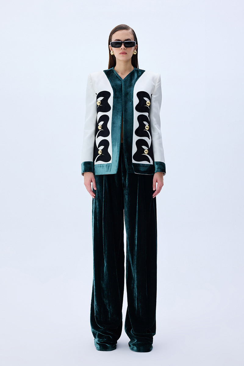 White Shantung Jacket With Black Velvet Emroidery And Gold Buttons