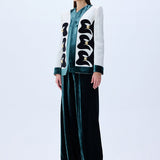 White Shantung Jacket With Black Velvet Emroidery And Gold Buttons