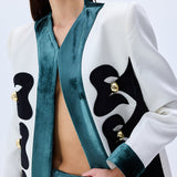 White Shantung Jacket With Black Velvet Emroidery And Gold Buttons