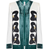 White Shantung Jacket With Black Velvet Emroidery And Gold Buttons