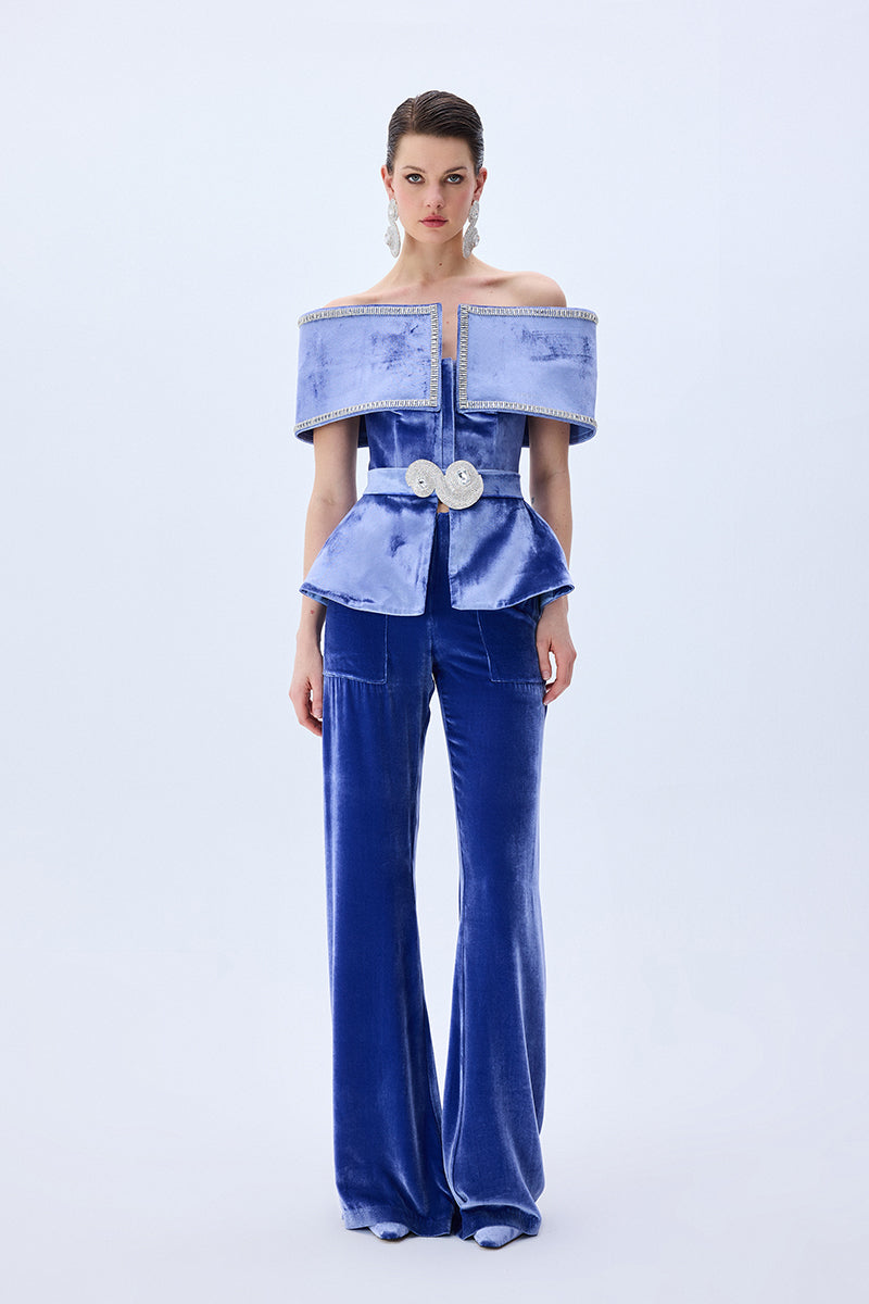 Indigo Velvet Jacket With Crystal Belt And Borders