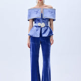 Indigo Velvet Jacket With Crystal Belt And Borders