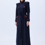 Navy Knitted Trenchcoat With Burgundy Stripes