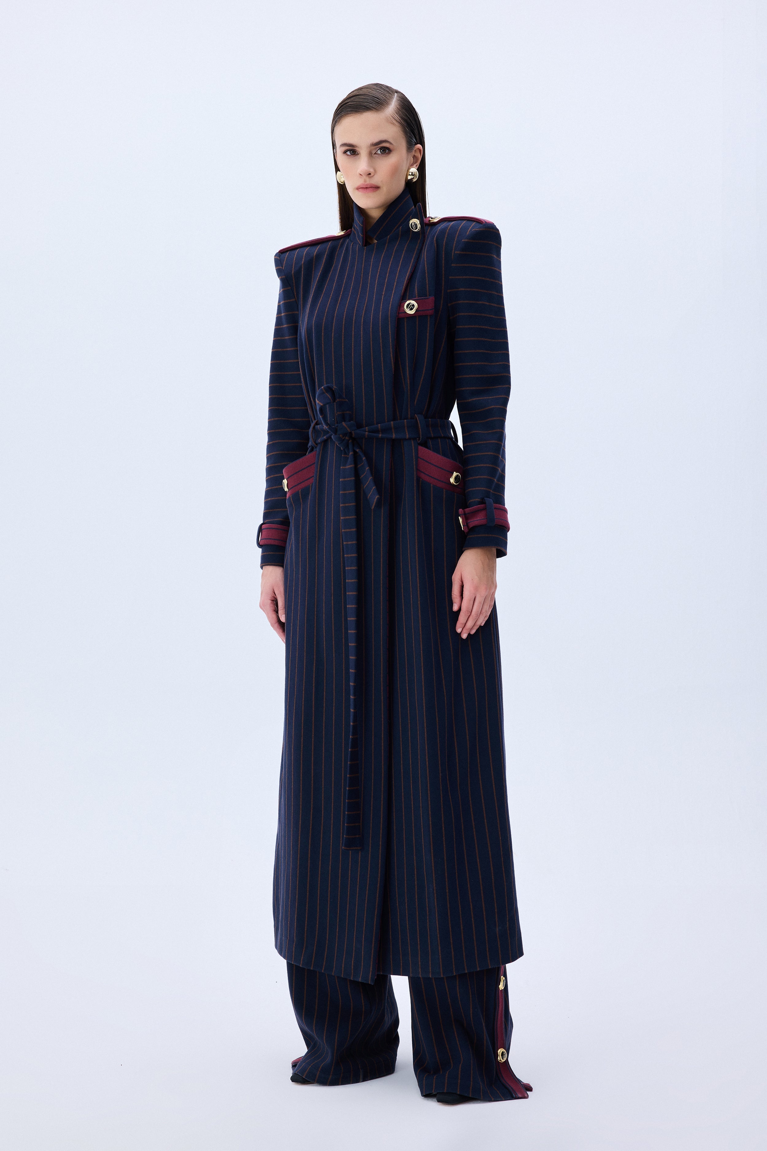 Navy Knitted Trenchcoat With Burgundy Stripes