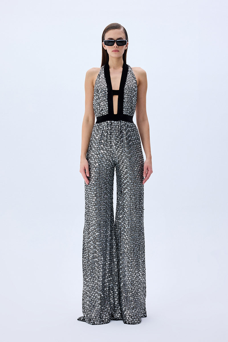 Silver Sequined Jumpsuit With Black Velvet Detail