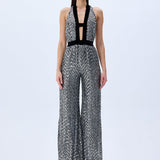 Silver Sequined Jumpsuit With Black Velvet Detail