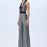 Silver Sequined Jumpsuit With Black Velvet Detail