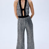 Silver Sequined Jumpsuit With Black Velvet Detail