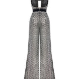 Silver Sequined Jumpsuit With Black Velvet Detail