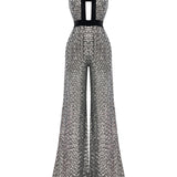 Silver Sequined Jumpsuit With Black Velvet Detail