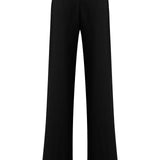 Black Crepe Wide Leg Pants With Crystal Button