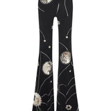 Black Sequined Jersey Flare Pants With Patent Flowers