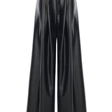 Black Pleated Leather Wide Leg Pants With Rv Stamped Buttons