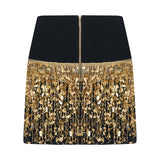Black Mini Silk Velvet Skirt With Gold Pailette Fringes