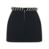 Black Crepe Mini Skirt With Crystal Rope Belt
