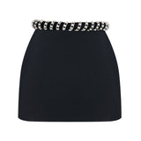 Black Crepe Mini Skirt With Crystal Rope Belt