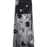 Black Sequined Chiffon Maxi Skirt With Patent Flowers