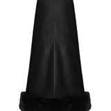 Black Leather Midi Skirt With Fur Finishing And Black Velvet Embroidery