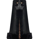 Black Leather Midi Skirt With Fur Finishing And Black Velvet Embroidery