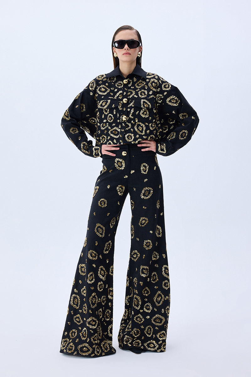 Denim Shirt With Gold Leopard Sequin And Button Detail