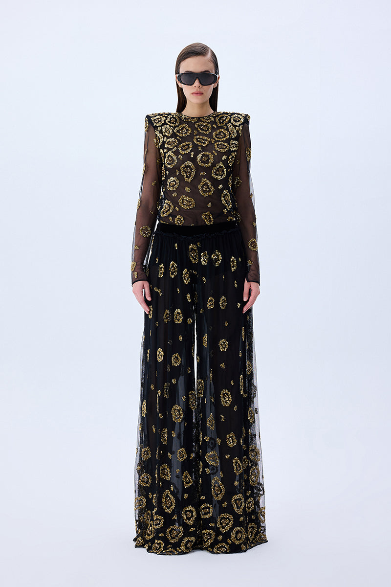 Wide Leg Tulle Pants With Leopard Sequin