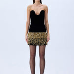 Black Mini Silk Velvet Skirt With Gold Pailette Fringes
