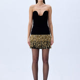 Black Mini Silk Velvet Skirt With Gold Pailette Fringes