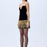 Black Mini Silk Velvet Skirt With Gold Pailette Fringes