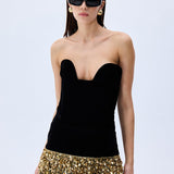 Black Mini Silk Velvet Skirt With Gold Pailette Fringes