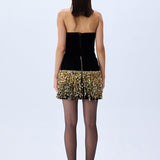 Black Mini Silk Velvet Skirt With Gold Pailette Fringes