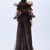 Leopard Print Organza Wide Leg Pants