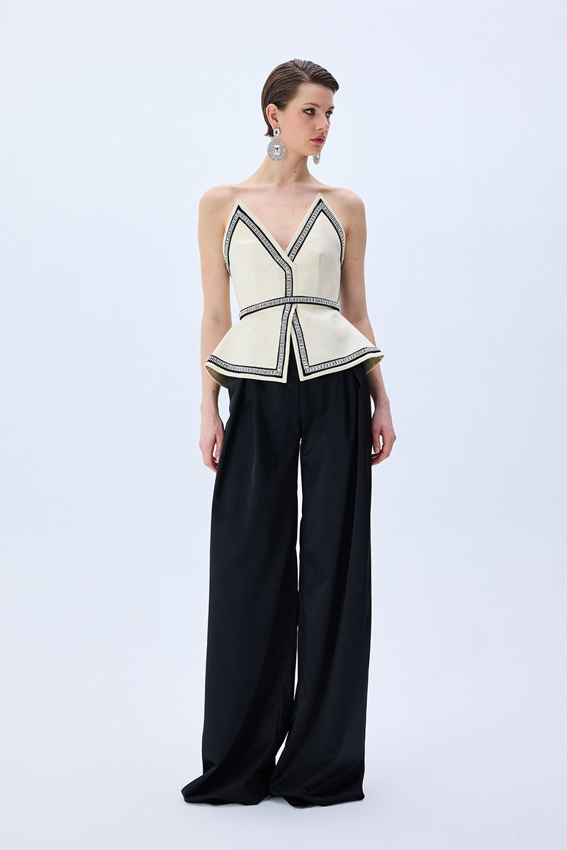 Cream Shantung Corset With Crystal Border