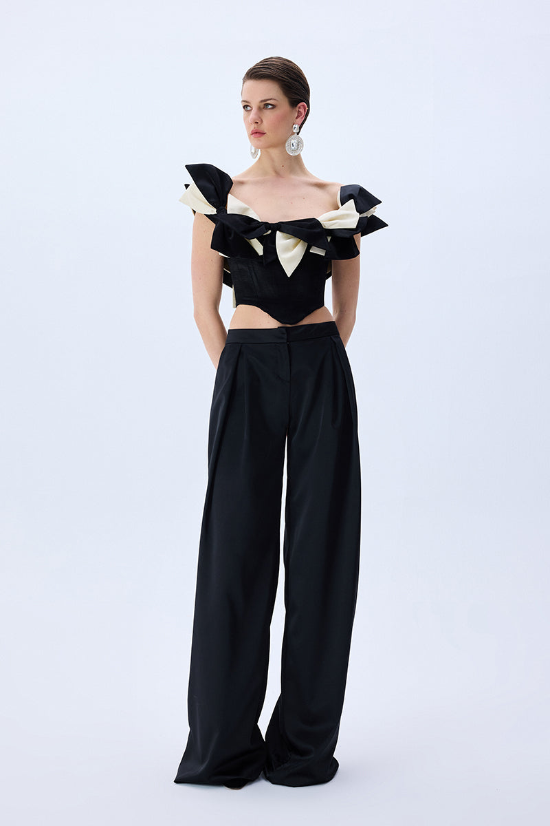 Black Satin Corseted Top With Bow Detail