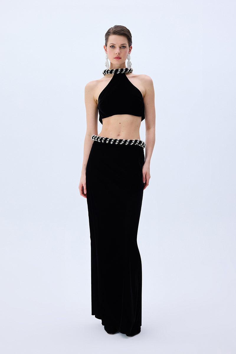 Black Velvet Skirt With Crystal Rope Belt