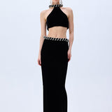 Black Velvet Skirt With Crystal Rope Belt
