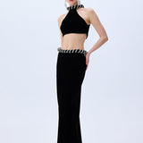 Black Velvet Crop Top With Crystal Rope Neckline