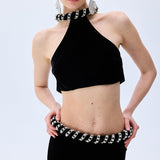 Black Velvet Skirt With Crystal Rope Belt