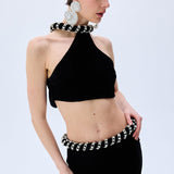 Black Velvet Crop Top With Crystal Rope Neckline