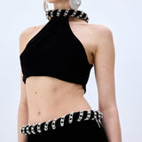 Black Velvet Crop Top With Crystal Rope Neckline