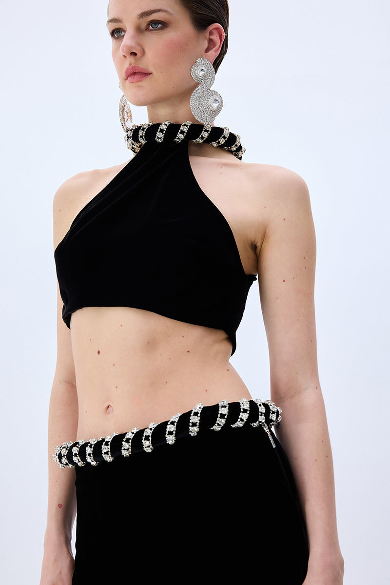 FW25-S-1003-Black-42 raisa_vanessa black-velvet-skirt-with-crystal-rope-belt