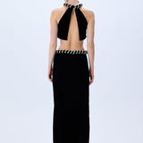 Black Velvet Crop Top With Crystal Rope Neckline