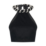 Black Velvet Crop Top With Crystal Rope Neckline