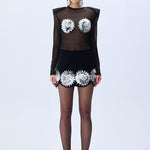 Black Crepe Mini Skirt With Patent Flower Detail