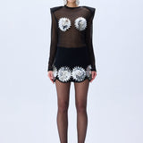 Black Crepe Mini Skirt With Patent Flower Detail