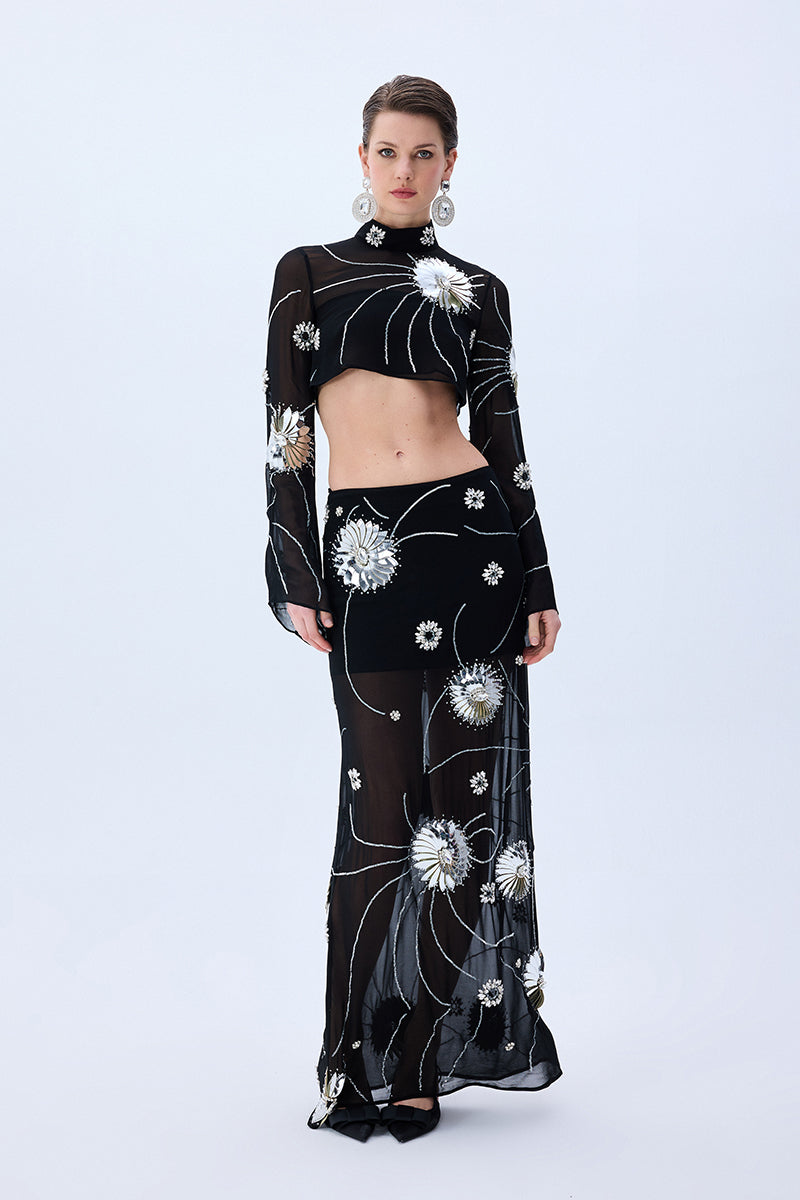 Black Sequined Chiffon Maxi Skirt With Patent Flowers