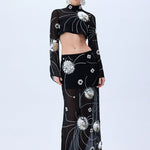 Black Sequined Chiffon Maxi Skirt With Patent Flowers