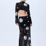Black Sequined Chiffon Maxi Skirt With Patent Flowers